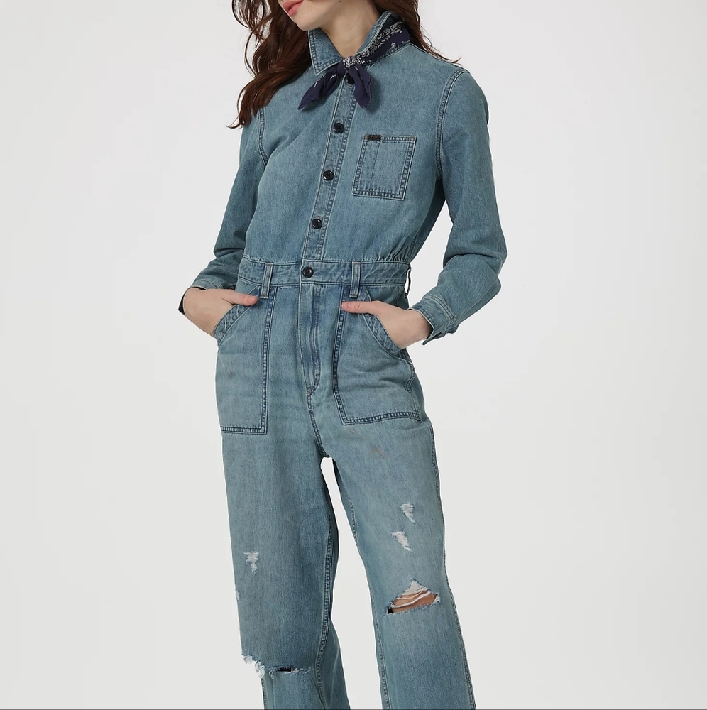 Free People Union-Alls Distressed Wide Leg Denim Utility Jumpsuit Overalls